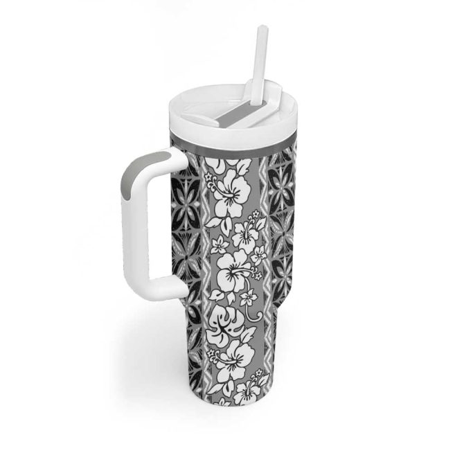 Hawaii Vintage Gray Hibiscus Tapa Custom Stanley Quencher 40Oz Stainless Steel Tumbler With Handle - Image 2