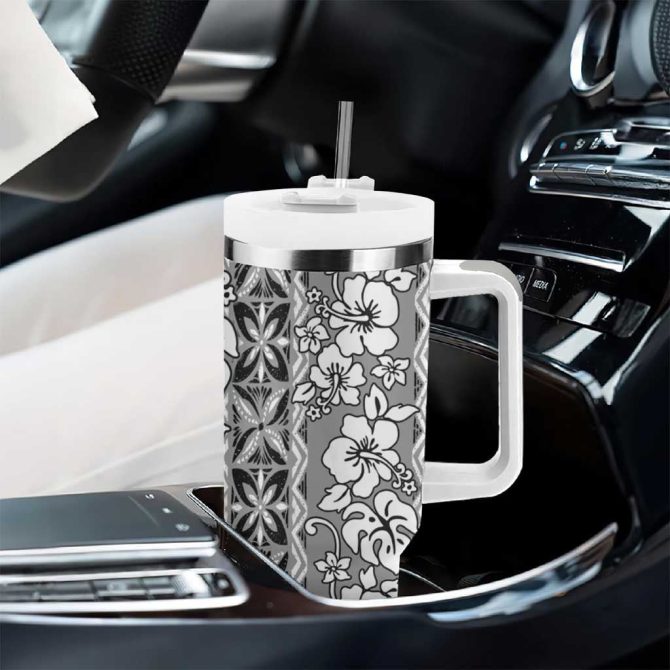 Hawaii Vintage Gray Hibiscus Tapa Custom Stanley Quencher 40Oz Stainless Steel Tumbler With Handle - Image 8