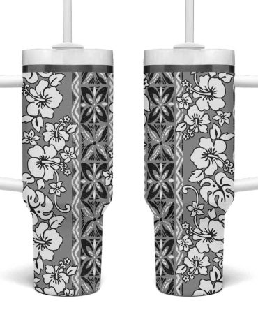 Hawaii Vintage Gray Hibiscus Tapa Custom Stanley Quencher 40Oz Stainless Steel Tumbler With Handle
