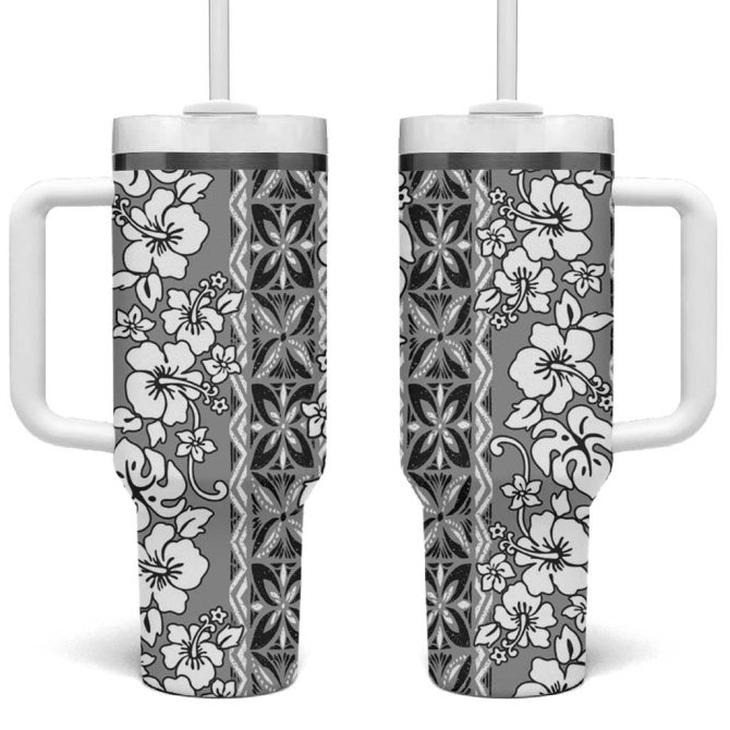 Hawaii Vintage Gray Hibiscus Tapa Custom Stanley Quencher 40Oz Stainless Steel Tumbler With Handle