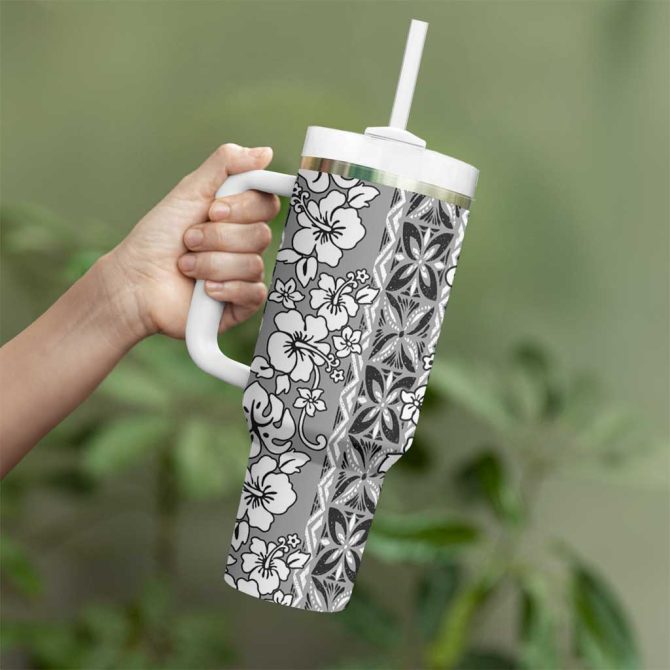 Hawaii Vintage Gray Hibiscus Tapa Custom Stanley Quencher 40Oz Stainless Steel Tumbler With Handle - Image 3