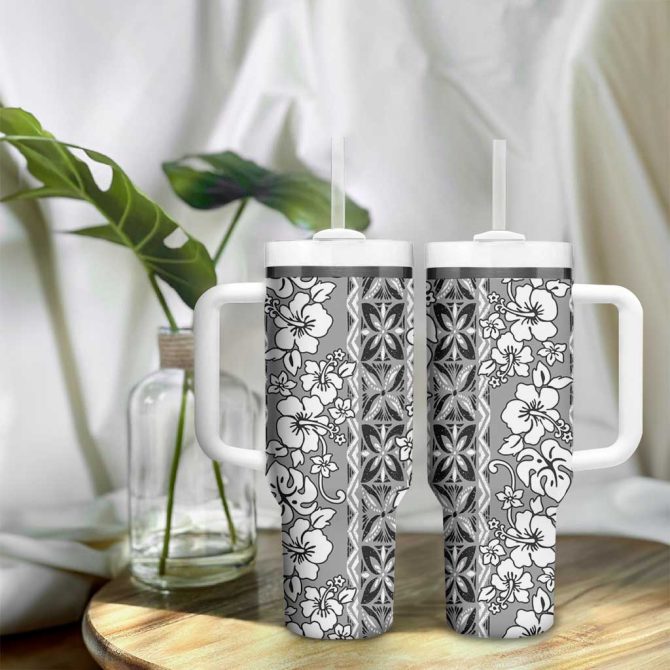 Hawaii Vintage Gray Hibiscus Tapa Custom Stanley Quencher 40Oz Stainless Steel Tumbler With Handle - Image 9
