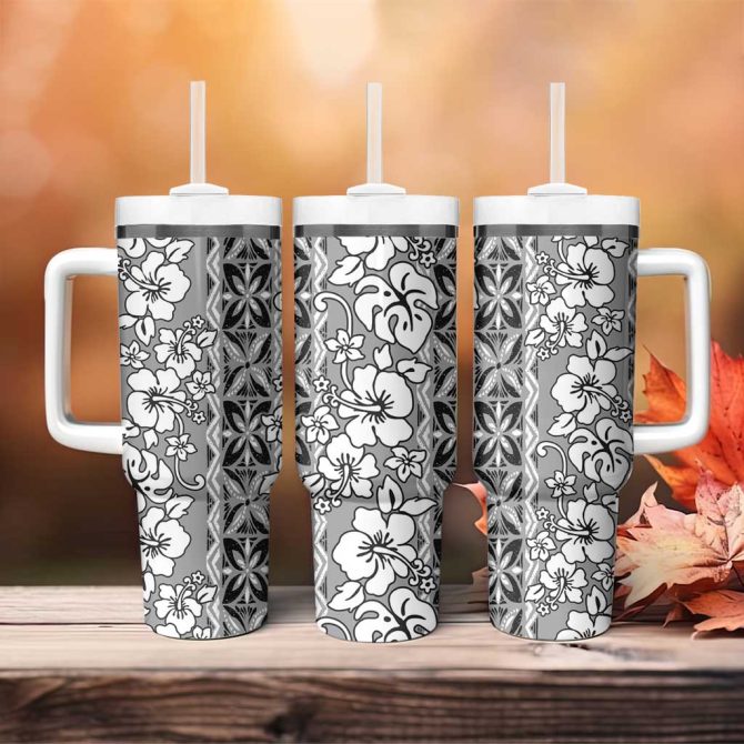 Hawaii Vintage Gray Hibiscus Tapa Custom Stanley Quencher 40Oz Stainless Steel Tumbler With Handle - Image 4