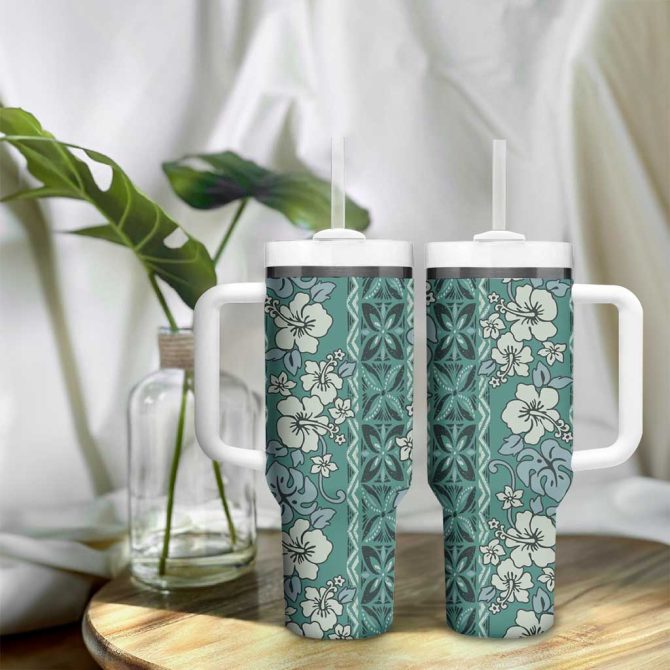 Hawaii Vintage Green Hibiscus Tapa Custom Stanley Quencher 40Oz Stainless Steel Tumbler With Handle - Image 9