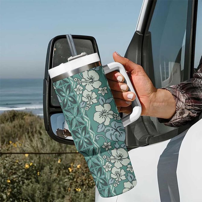 Hawaii Vintage Green Hibiscus Tapa Custom Stanley Quencher 40Oz Stainless Steel Tumbler With Handle - Image 7