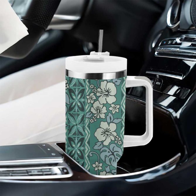 Hawaii Vintage Green Hibiscus Tapa Custom Stanley Quencher 40Oz Stainless Steel Tumbler With Handle - Image 8