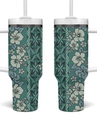 Hawaii Vintage Green Hibiscus Tapa Custom Stanley Quencher 40Oz Stainless Steel Tumbler With Handle