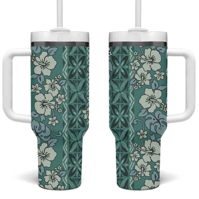 Hawaii Vintage Green Hibiscus Tapa Custom Stanley Quencher 40Oz Stainless Steel Tumbler With Handle