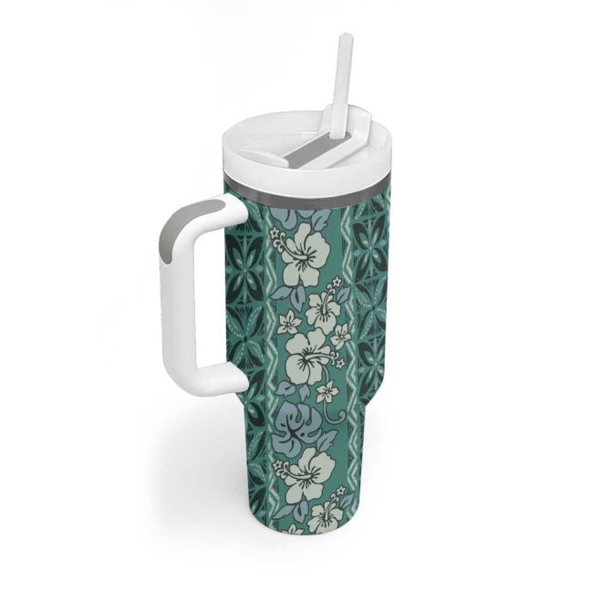 Hawaii Vintage Green Hibiscus Tapa Custom Stanley Quencher 40Oz Stainless Steel Tumbler With Handle - Image 2