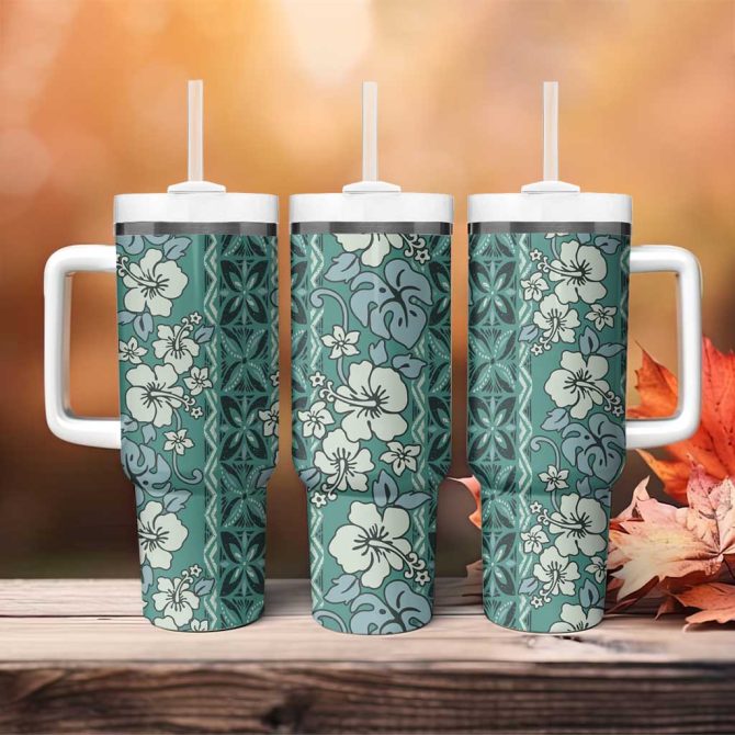 Hawaii Vintage Green Hibiscus Tapa Custom Stanley Quencher 40Oz Stainless Steel Tumbler With Handle - Image 4