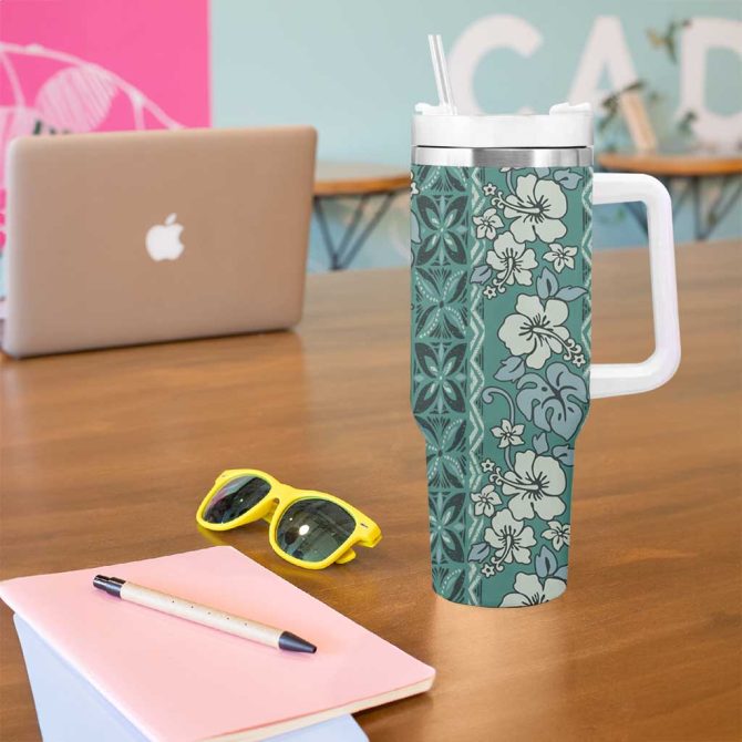 Hawaii Vintage Green Hibiscus Tapa Custom Stanley Quencher 40Oz Stainless Steel Tumbler With Handle - Image 5