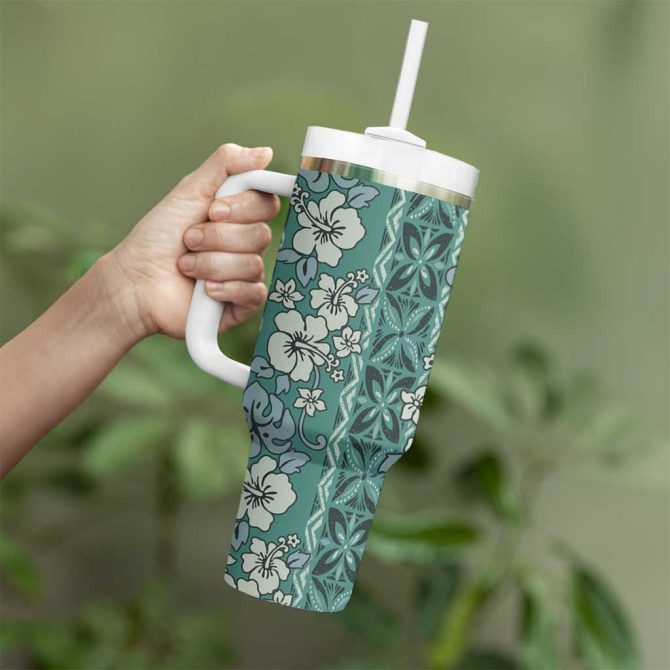 Hawaii Vintage Green Hibiscus Tapa Custom Stanley Quencher 40Oz Stainless Steel Tumbler With Handle - Image 3