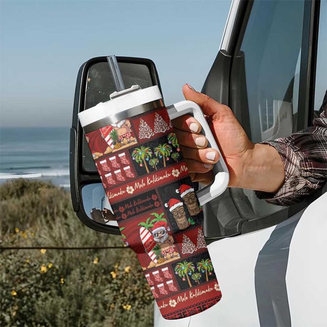 Hawaiian Christmas Mele Kalikimaka Island Holiday Black Red Custom Stanley Quencher 40Oz Stainless Steel Tumbler With Handle - Image 7