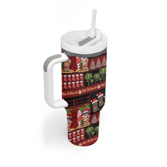 Hawaiian Christmas Mele Kalikimaka Island Holiday Black Red Custom Stanley Quencher 40Oz Stainless Steel Tumbler With Handle - Image 2