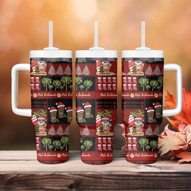 Hawaiian Christmas Mele Kalikimaka Island Holiday Black Red Custom Stanley Quencher 40Oz Stainless Steel Tumbler With Handle - Image 4