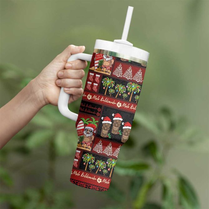 Hawaiian Christmas Mele Kalikimaka Island Holiday Black Red Custom Stanley Quencher 40Oz Stainless Steel Tumbler With Handle - Image 3