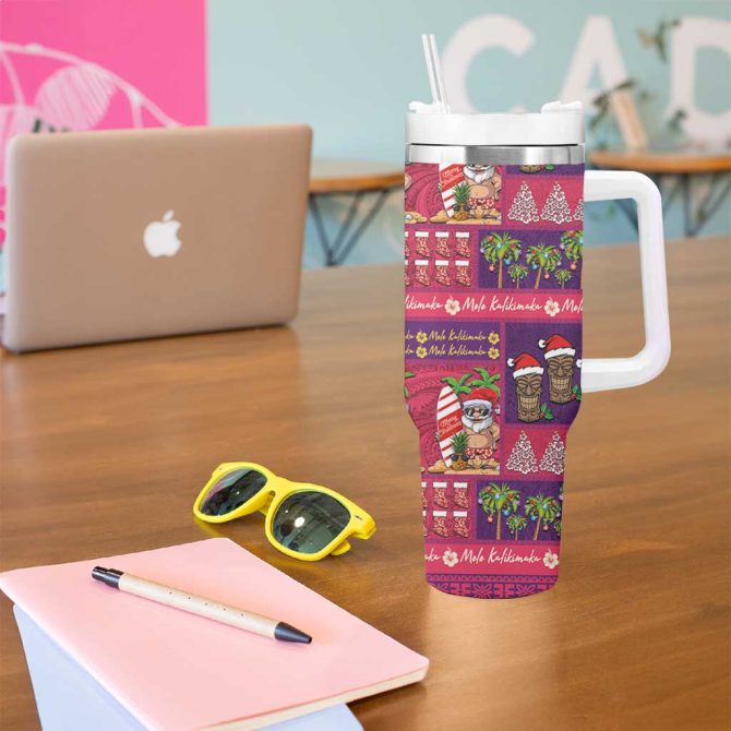 Hawaiian Christmas Mele Kalikimaka Island Holiday Pink Purple Custom Stanley Quencher 40Oz Stainless Steel Tumbler With Handle - Image 5