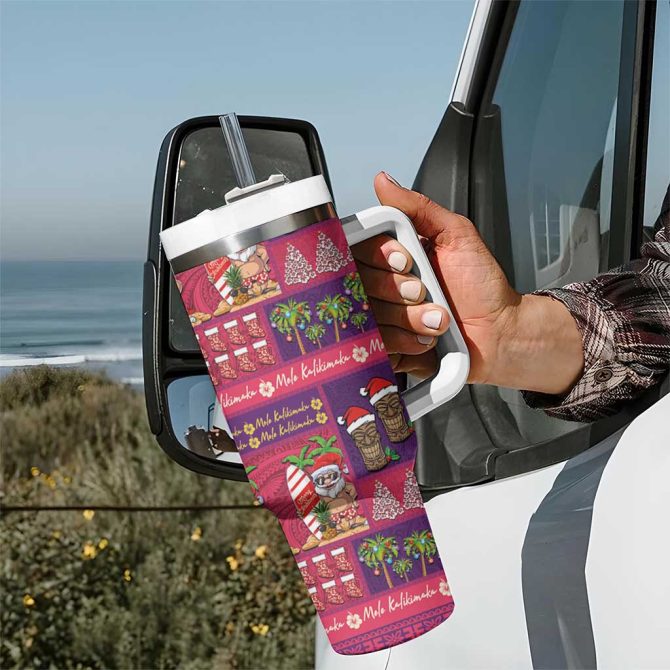 Hawaiian Christmas Mele Kalikimaka Island Holiday Pink Purple Custom Stanley Quencher 40Oz Stainless Steel Tumbler With Handle - Image 7