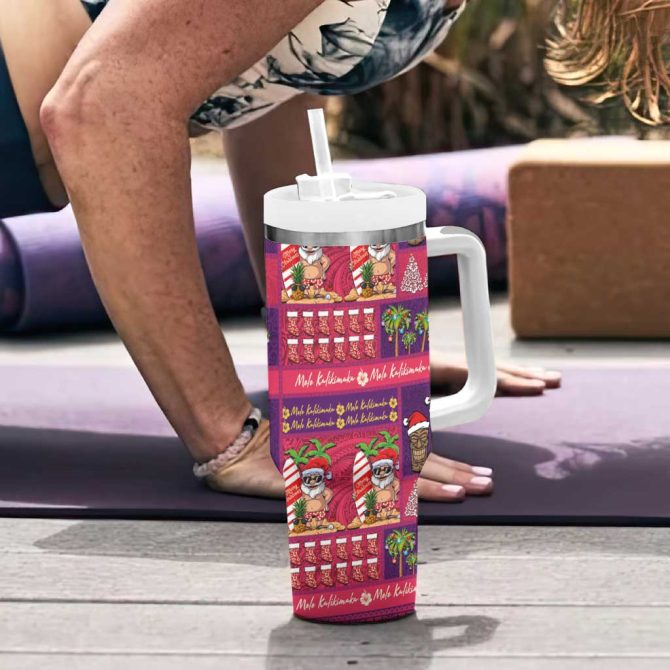 Hawaiian Christmas Mele Kalikimaka Island Holiday Pink Purple Custom Stanley Quencher 40Oz Stainless Steel Tumbler With Handle - Image 6