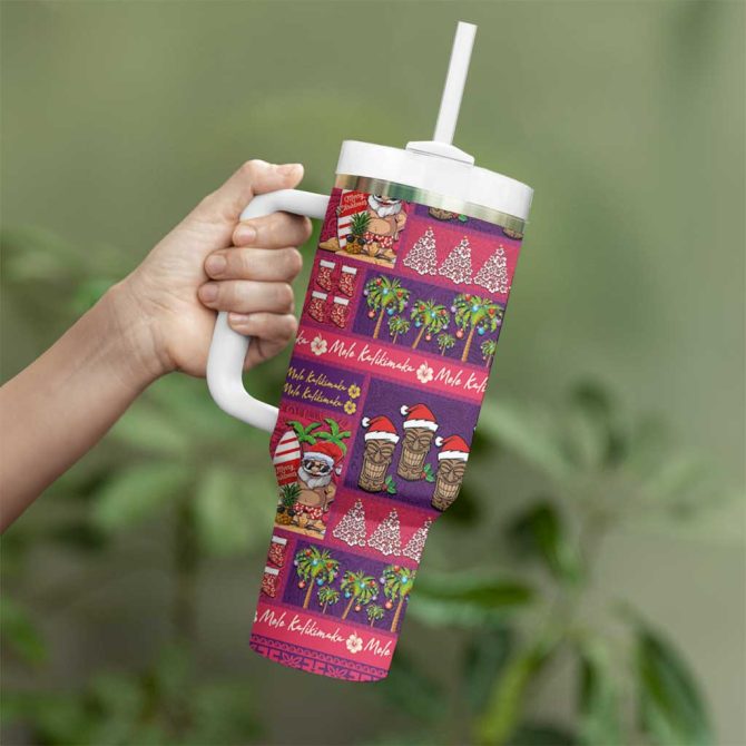 Hawaiian Christmas Mele Kalikimaka Island Holiday Pink Purple Custom Stanley Quencher 40Oz Stainless Steel Tumbler With Handle - Image 3