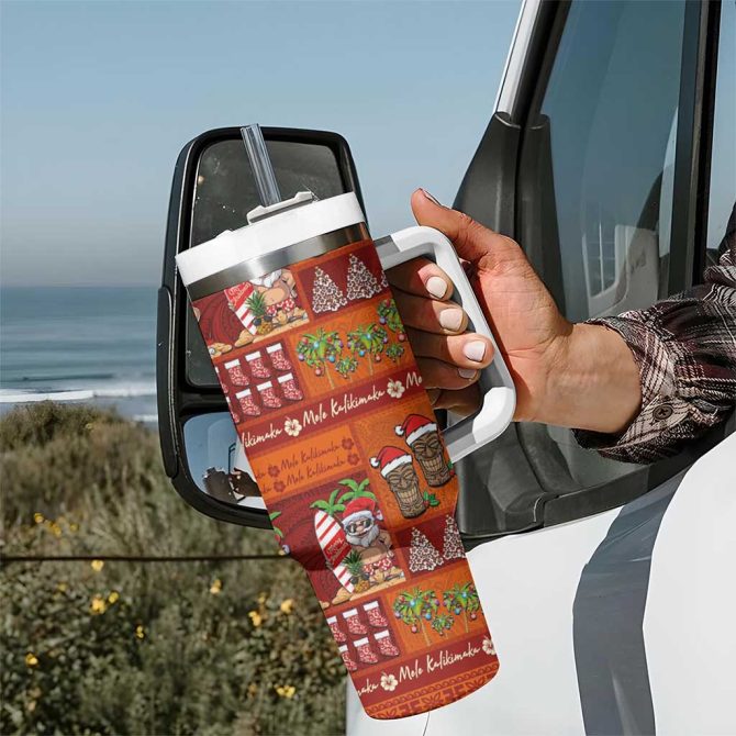 Hawaiian Christmas Mele Kalikimaka Island Holiday Red Orange Custom Stanley Quencher 40Oz Stainless Steel Tumbler With Handle - Image 7