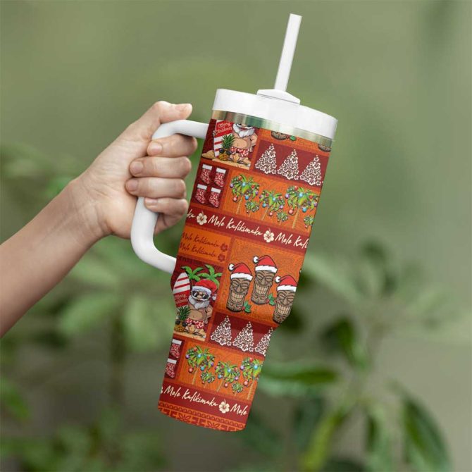 Hawaiian Christmas Mele Kalikimaka Island Holiday Red Orange Custom Stanley Quencher 40Oz Stainless Steel Tumbler With Handle - Image 3