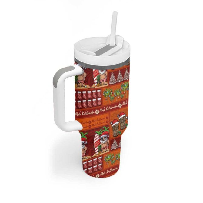 Hawaiian Christmas Mele Kalikimaka Island Holiday Red Orange Custom Stanley Quencher 40Oz Stainless Steel Tumbler With Handle - Image 2