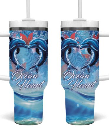 Hawaiian Dolphin Love Ocean Heart Custom Stanley Quencher 40Oz Stainless Steel Tumbler With Handle