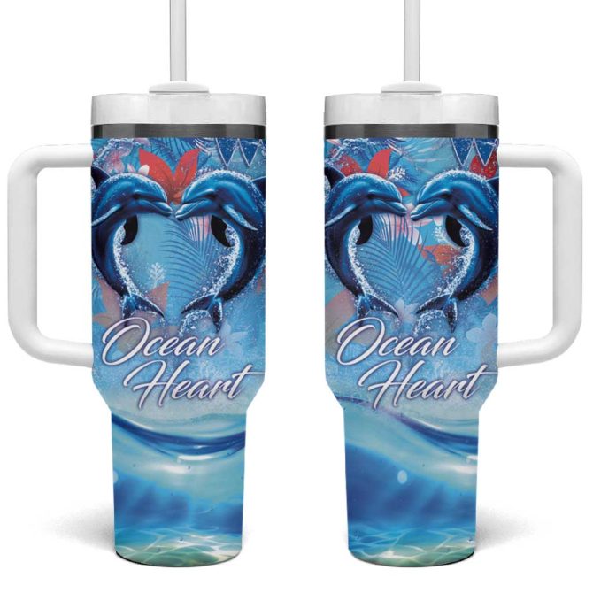 Hawaiian Dolphin Love Ocean Heart Custom Stanley Quencher 40Oz Stainless Steel Tumbler With Handle