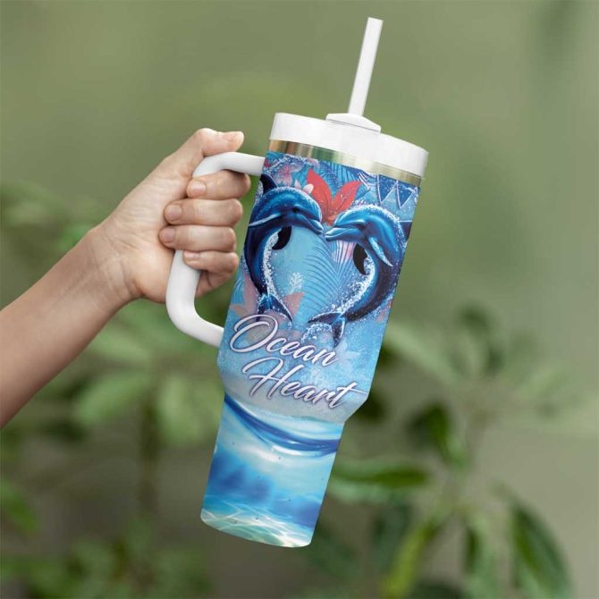 Hawaiian Dolphin Love Ocean Heart Custom Stanley Quencher 40Oz Stainless Steel Tumbler With Handle - Image 3