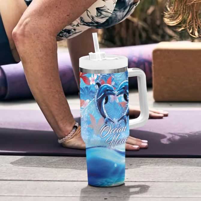 Hawaiian Dolphin Love Ocean Heart Custom Stanley Quencher 40Oz Stainless Steel Tumbler With Handle - Image 6