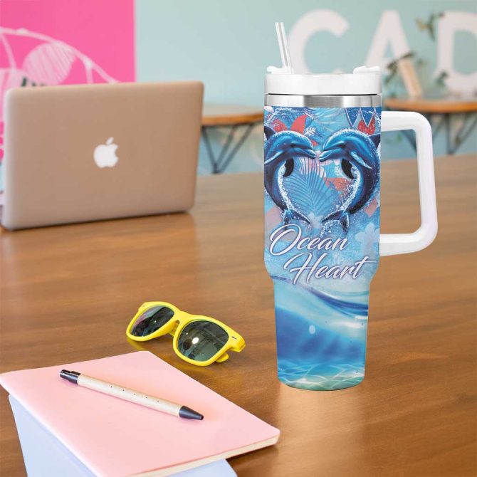 Hawaiian Dolphin Love Ocean Heart Custom Stanley Quencher 40Oz Stainless Steel Tumbler With Handle - Image 5