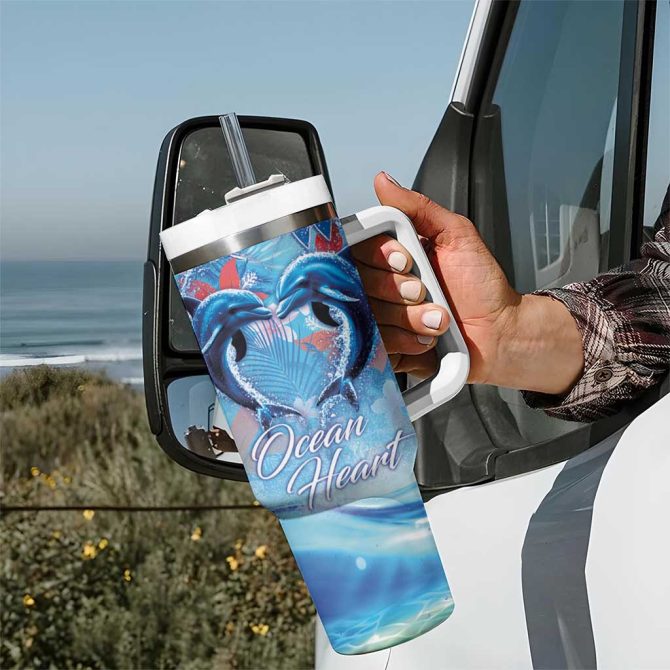 Hawaiian Dolphin Love Ocean Heart Custom Stanley Quencher 40Oz Stainless Steel Tumbler With Handle - Image 7