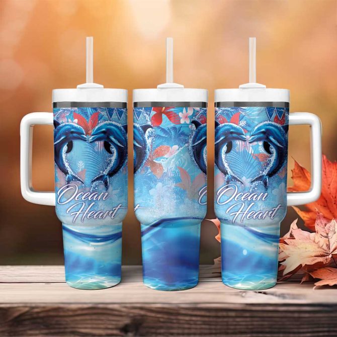 Hawaiian Dolphin Love Ocean Heart Custom Stanley Quencher 40Oz Stainless Steel Tumbler With Handle - Image 4