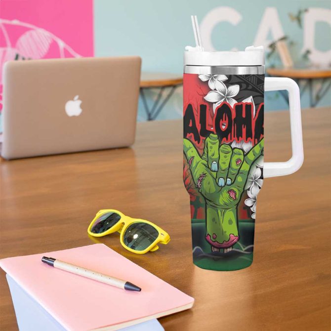 Hawaiian Halloween Horror Shaka Hand Custom Stanley Quencher 40Oz Stainless Steel Tumbler With Handle - Image 5