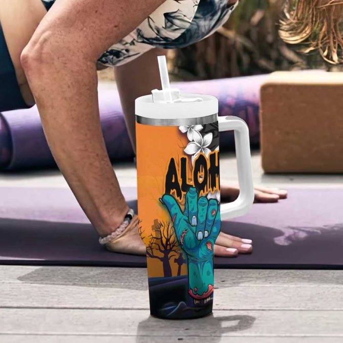 Hawaiian Halloween Horror Shaka Hand Custom Stanley Quencher 40Oz Stainless Steel Tumbler With Handle - Image 6