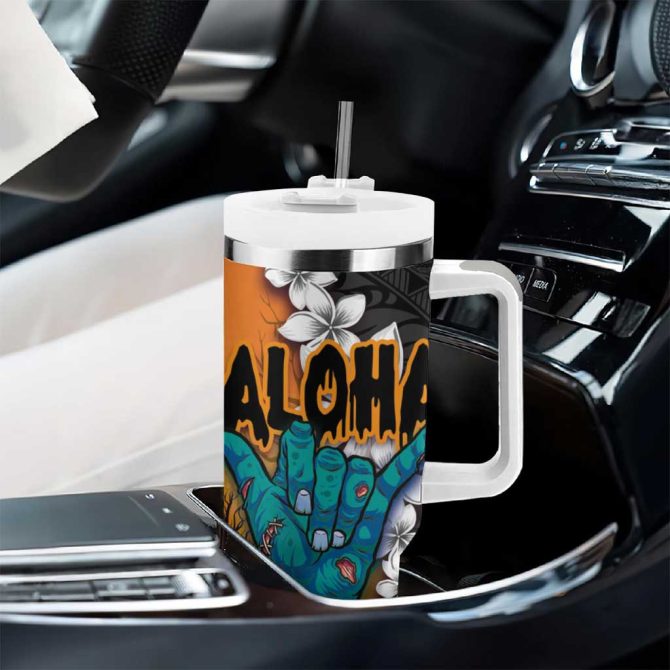Hawaiian Halloween Horror Shaka Hand Custom Stanley Quencher 40Oz Stainless Steel Tumbler With Handle - Image 8