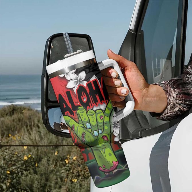 Hawaiian Halloween Horror Shaka Hand Custom Stanley Quencher 40Oz Stainless Steel Tumbler With Handle - Image 7