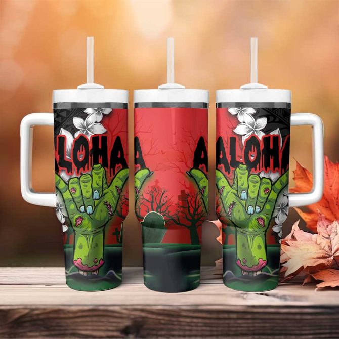Hawaiian Halloween Horror Shaka Hand Custom Stanley Quencher 40Oz Stainless Steel Tumbler With Handle - Image 4