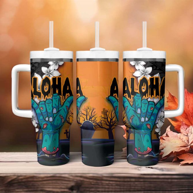 Hawaiian Halloween Horror Shaka Hand Custom Stanley Quencher 40Oz Stainless Steel Tumbler With Handle - Image 4