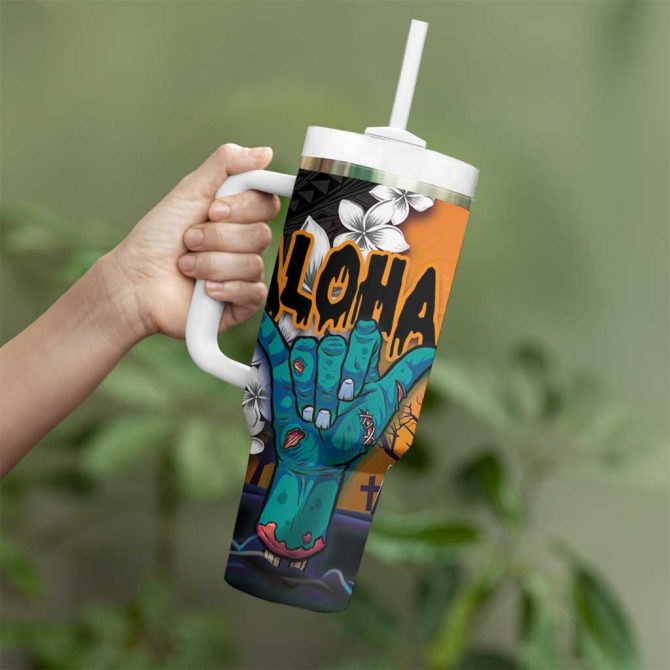Hawaiian Halloween Horror Shaka Hand Custom Stanley Quencher 40Oz Stainless Steel Tumbler With Handle - Image 3