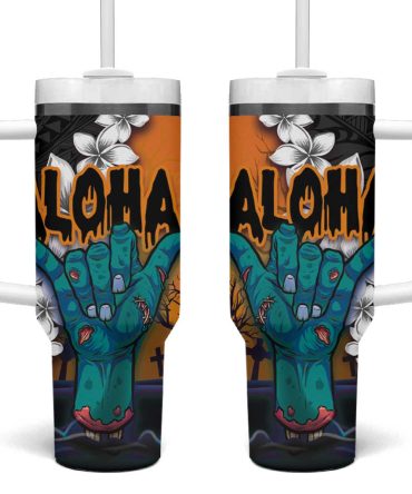 Hawaiian Halloween Horror Shaka Hand Custom Stanley Quencher 40Oz Stainless Steel Tumbler With Handle