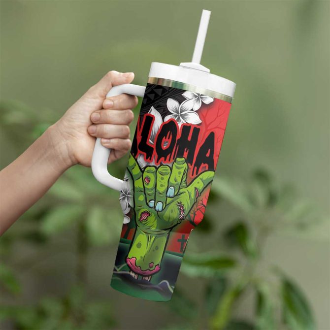 Hawaiian Halloween Horror Shaka Hand Custom Stanley Quencher 40Oz Stainless Steel Tumbler With Handle - Image 3