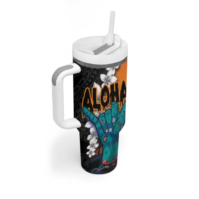 Hawaiian Halloween Horror Shaka Hand Custom Stanley Quencher 40Oz Stainless Steel Tumbler With Handle - Image 2