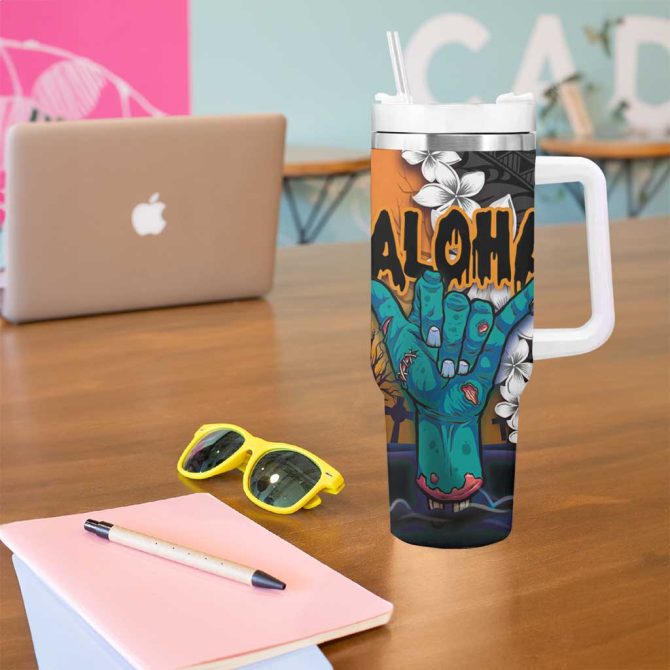 Hawaiian Halloween Horror Shaka Hand Custom Stanley Quencher 40Oz Stainless Steel Tumbler With Handle - Image 5