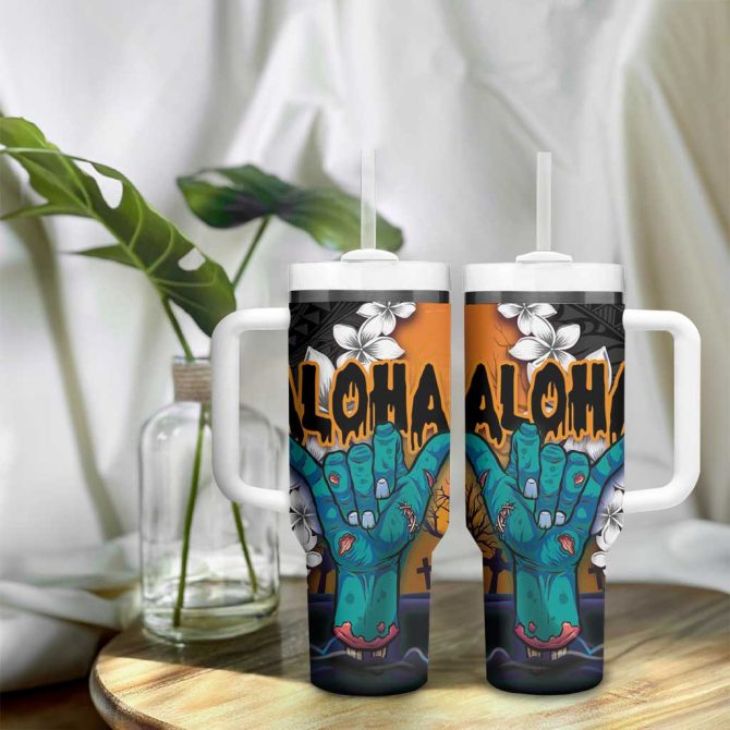 Hawaiian Halloween Horror Shaka Hand Custom Stanley Quencher 40Oz Stainless Steel Tumbler With Handle - Image 9