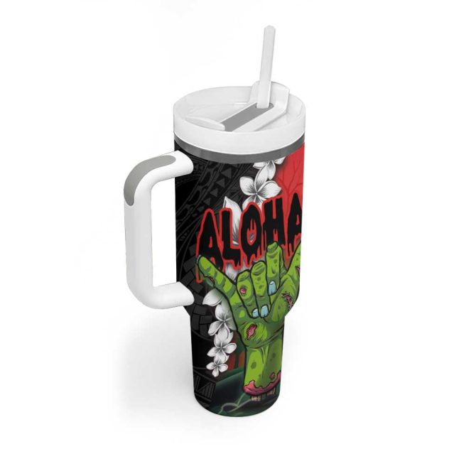 Hawaiian Halloween Horror Shaka Hand Custom Stanley Quencher 40Oz Stainless Steel Tumbler With Handle - Image 2