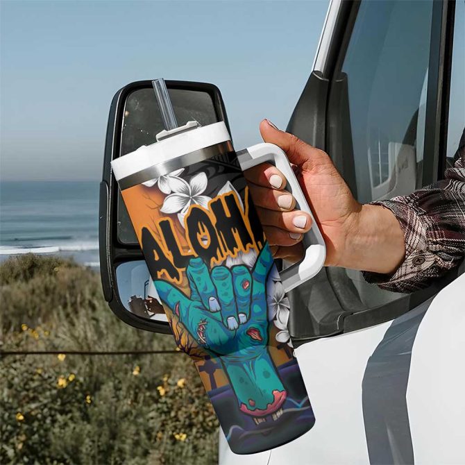 Hawaiian Halloween Horror Shaka Hand Custom Stanley Quencher 40Oz Stainless Steel Tumbler With Handle - Image 7