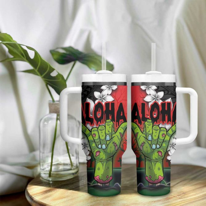 Hawaiian Halloween Horror Shaka Hand Custom Stanley Quencher 40Oz Stainless Steel Tumbler With Handle - Image 9