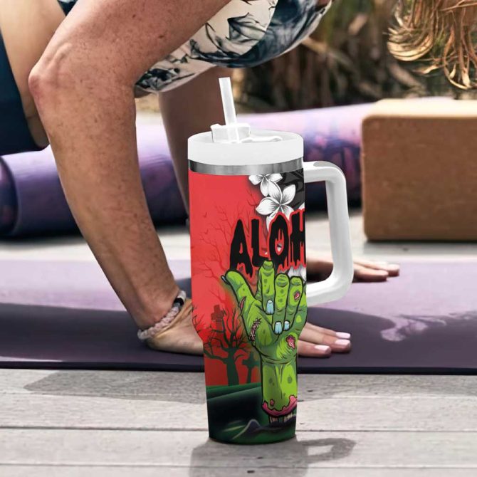 Hawaiian Halloween Horror Shaka Hand Custom Stanley Quencher 40Oz Stainless Steel Tumbler With Handle - Image 6